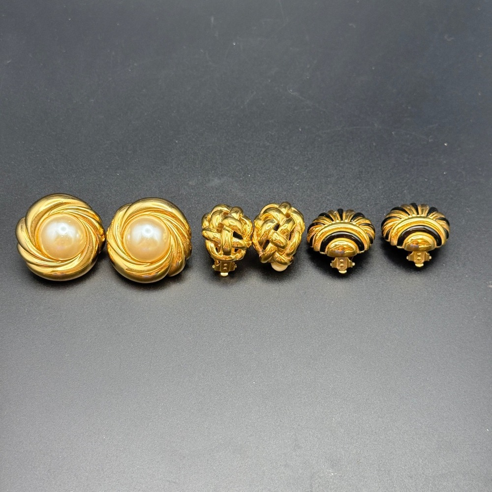St John Vintage Clip On Earring Lot Gold Tone Faux Pearl Enamel Knot 3 Pairs